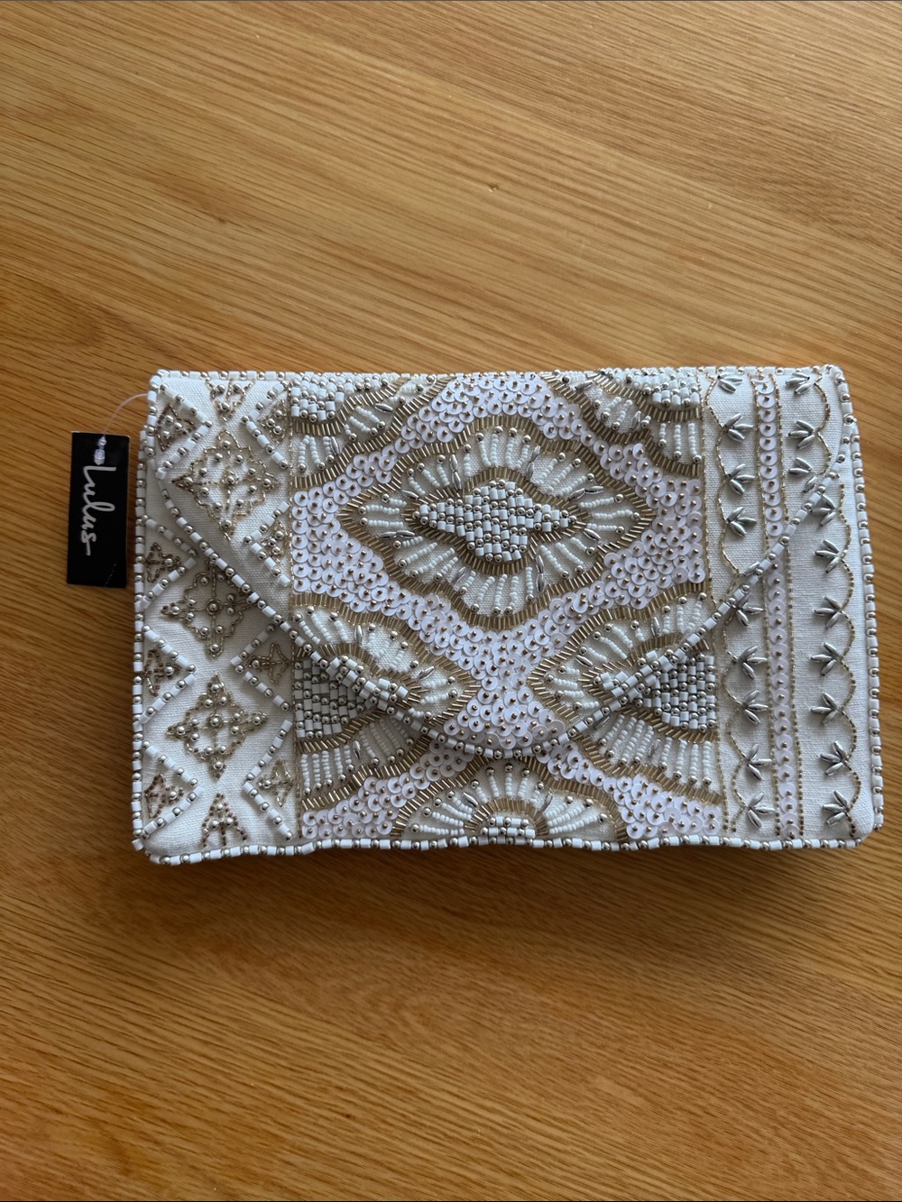 Lulu's White and Gold Beaded Fold-Over Clutch